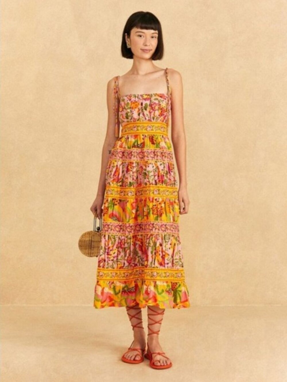 Farm Rio Mixed Fruits Paradise Maxi Dress Tiered Pink Floral Sundress M